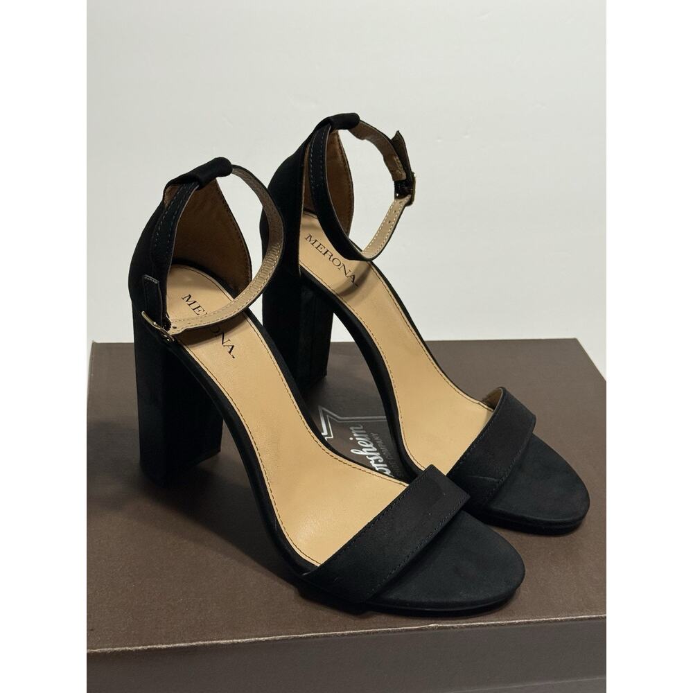 Merona Black Faux Suede Open Toe Block Heels Shoes Women’s Sz 7.5